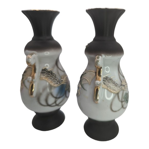 Set of 2 Dragonware Mini Bud Vases Black Design with Double Gold Handles Lot SEE